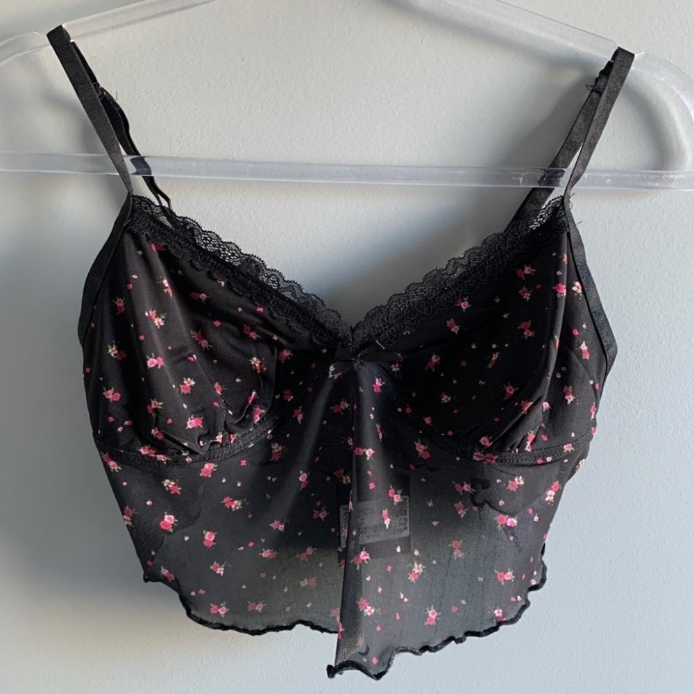 Black mesh lace  floral tank - small